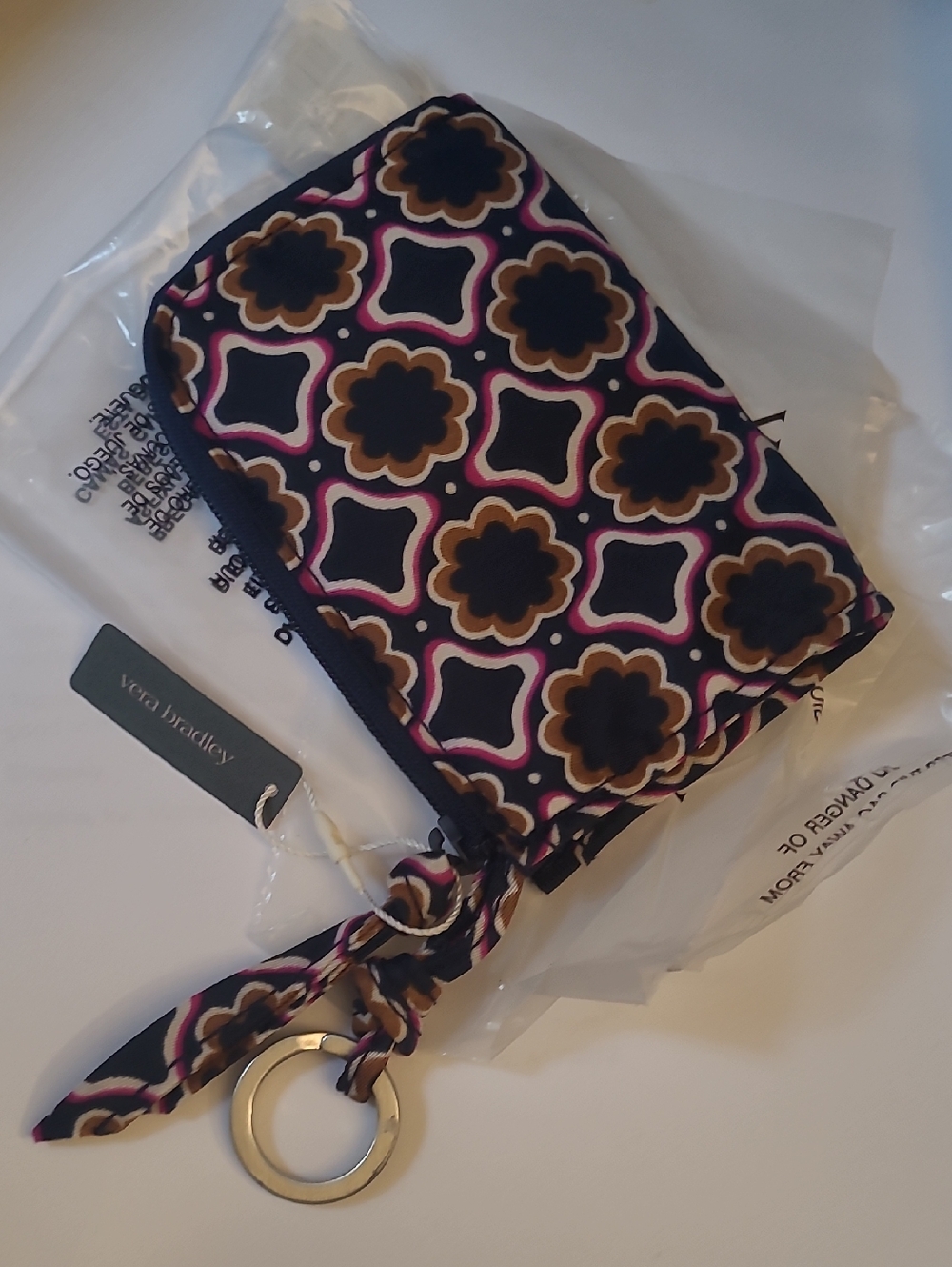 Vera Bradley Lattice Florets Zip Card Pouch - Black, Pink & Tan